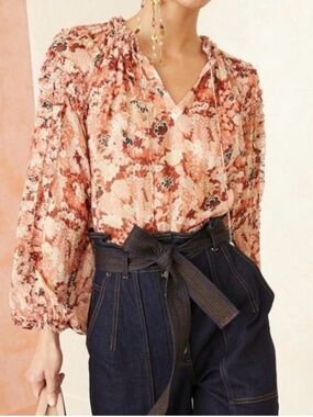 Ulla Johnson Adela Blouse Floral Puff-Sleeve in Coral SZ 6